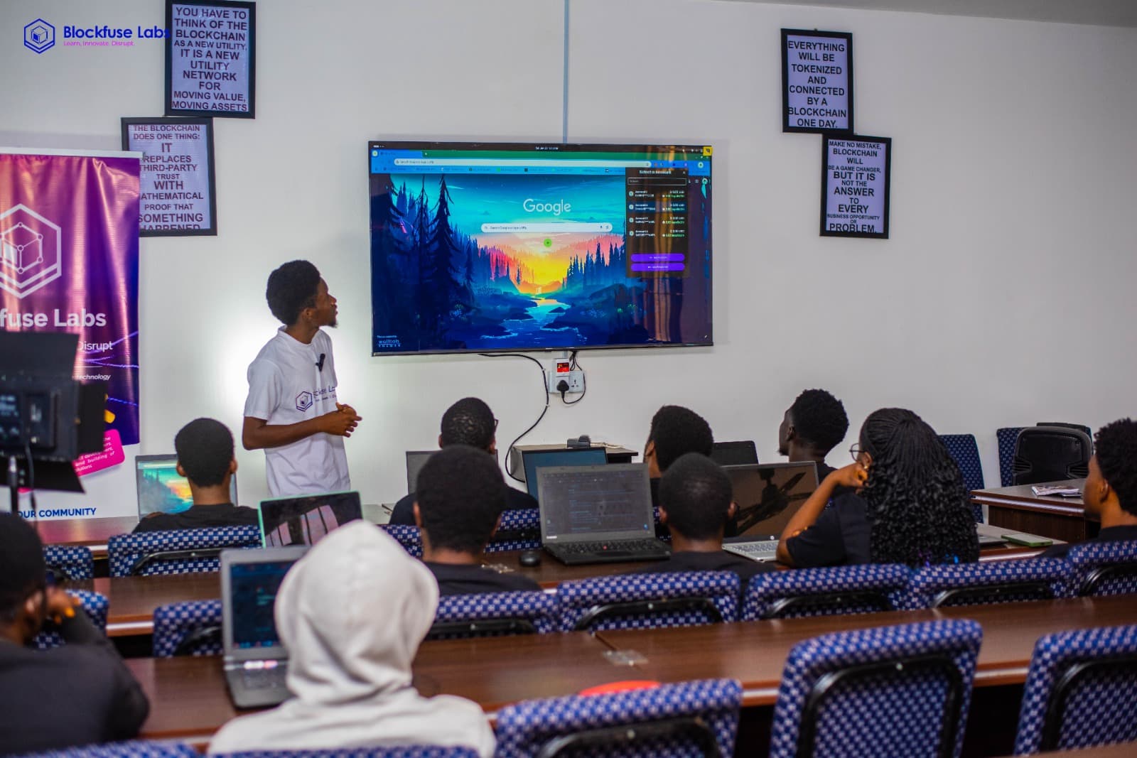 A technical speaker presenting to the Blockfuse Labs community
